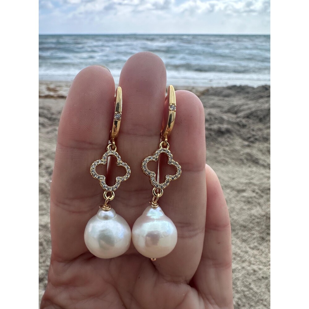 13mm Edison Pearl Clover CZ Gold Plated Drop Earrings White Baroque Statement